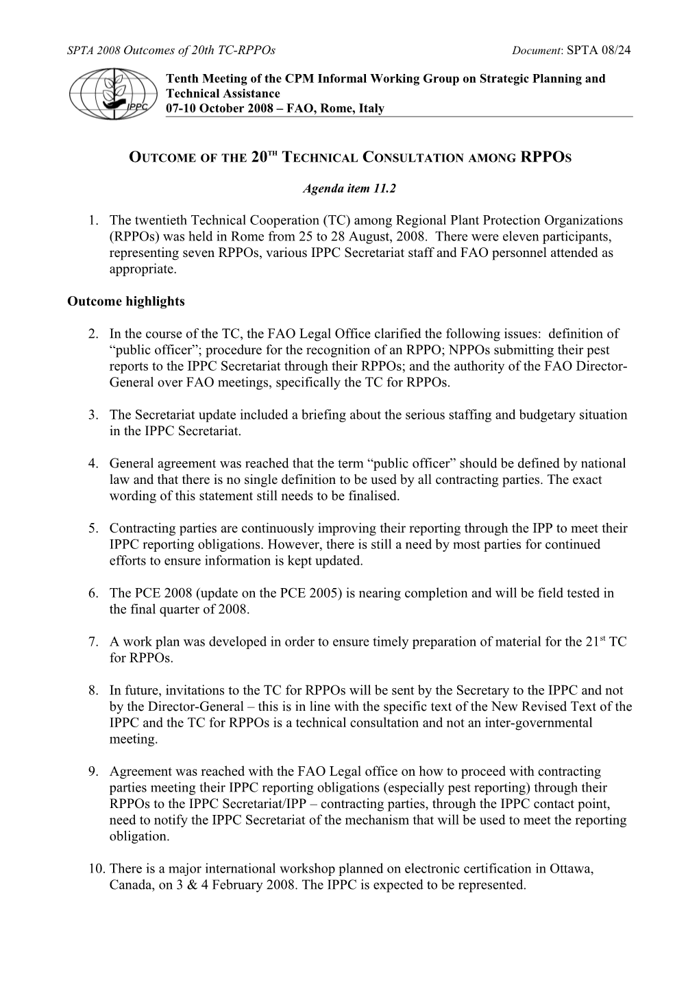 SPTA 2008 Outcomes of 20Th TC-Rpposdocument : SPTA 08/24