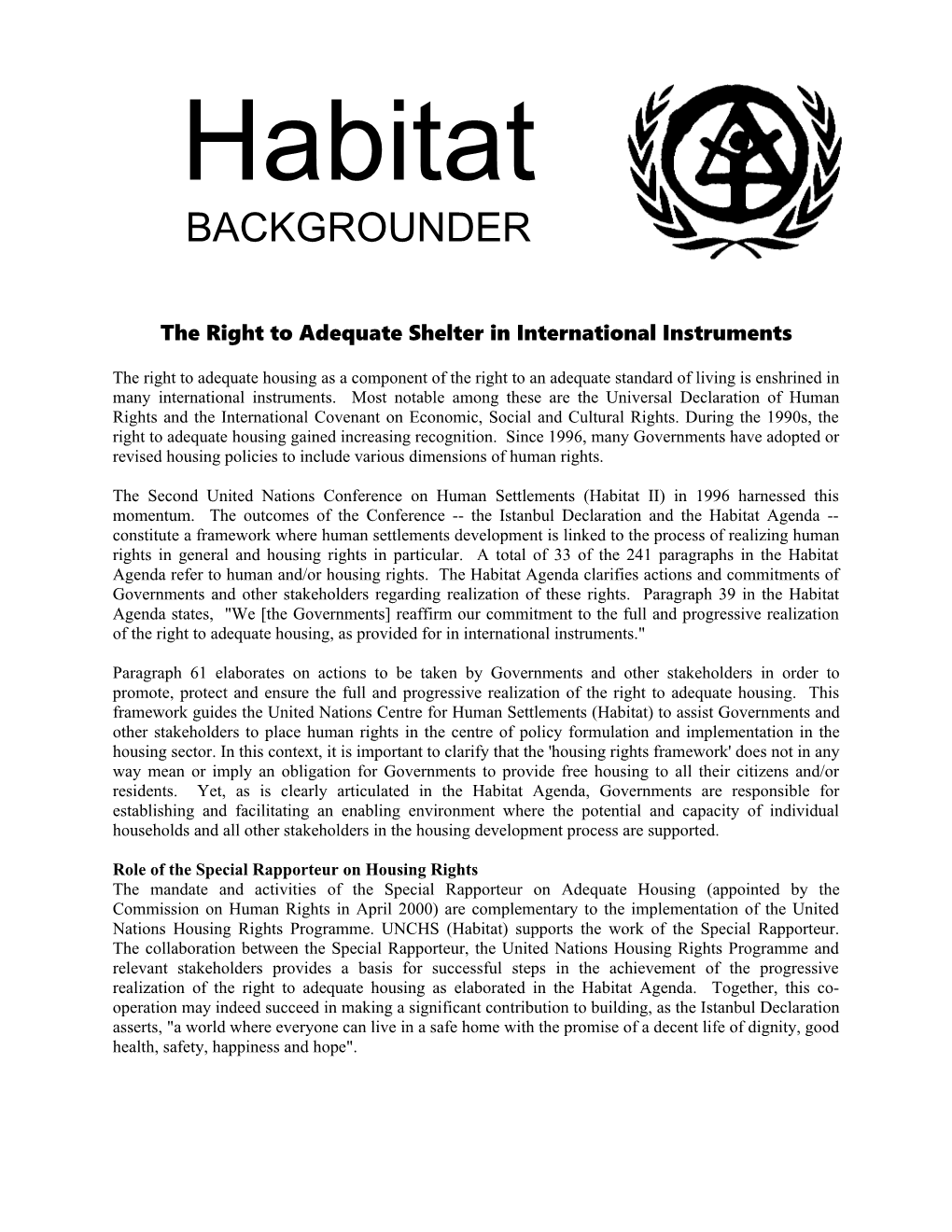 The Right to Adequate Shelter in International Instruments