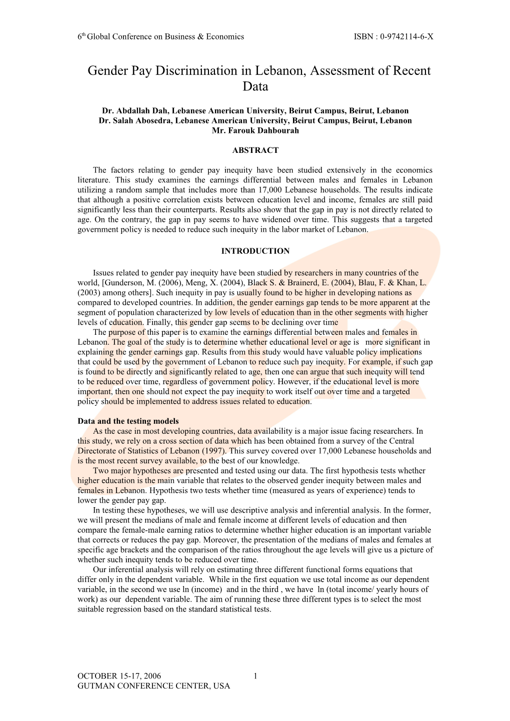 Gender Pay Discrimination in Lebanon, Assessment of Recent Data