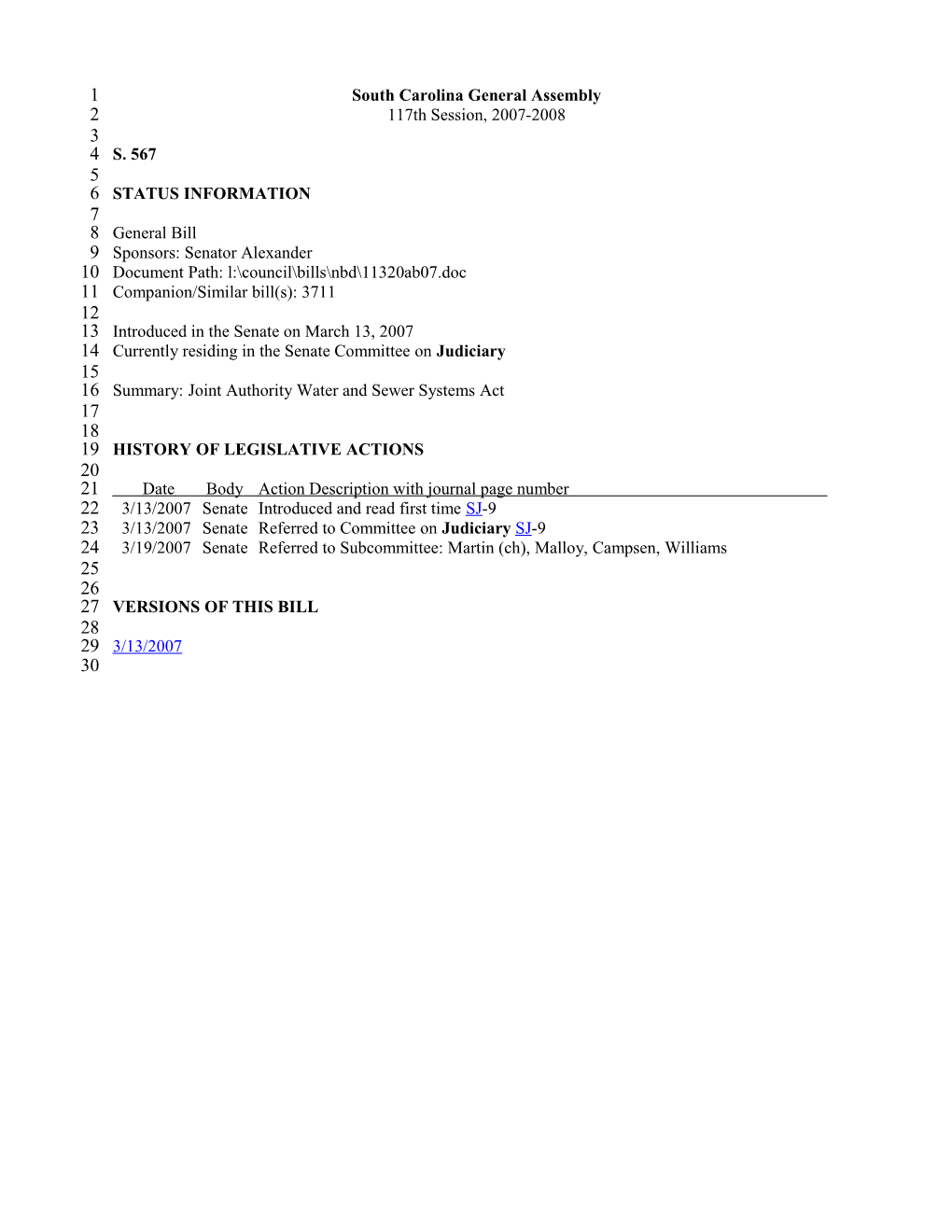 2007-2008 Bill 567: Joint Authority Water and Sewer Systems Act - South Carolina Legislature