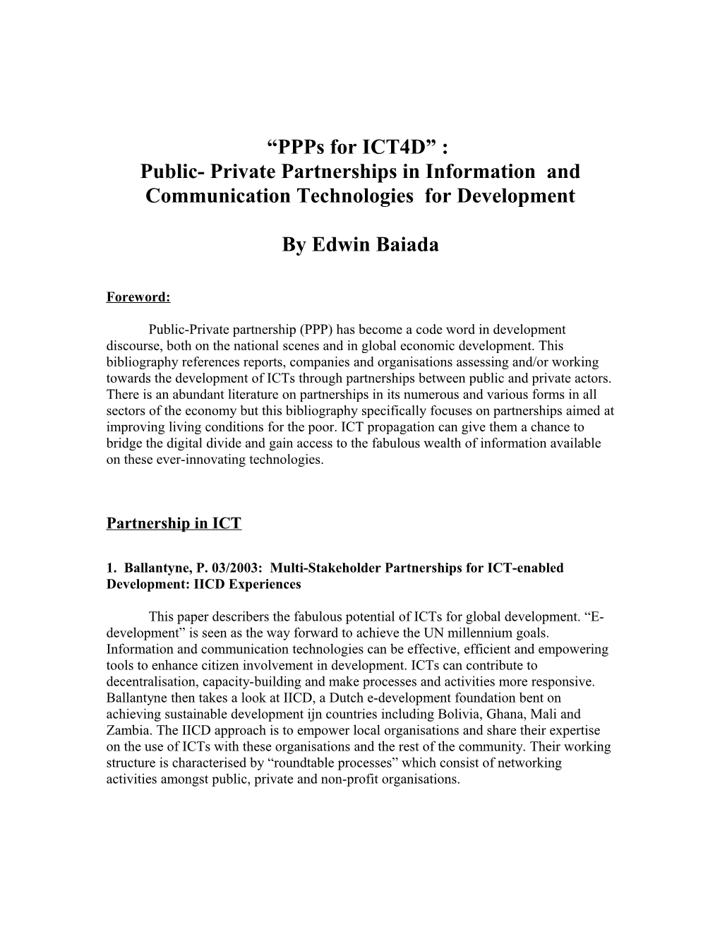 Public- Private Partnerships in Information and Communication Technologies for Development
