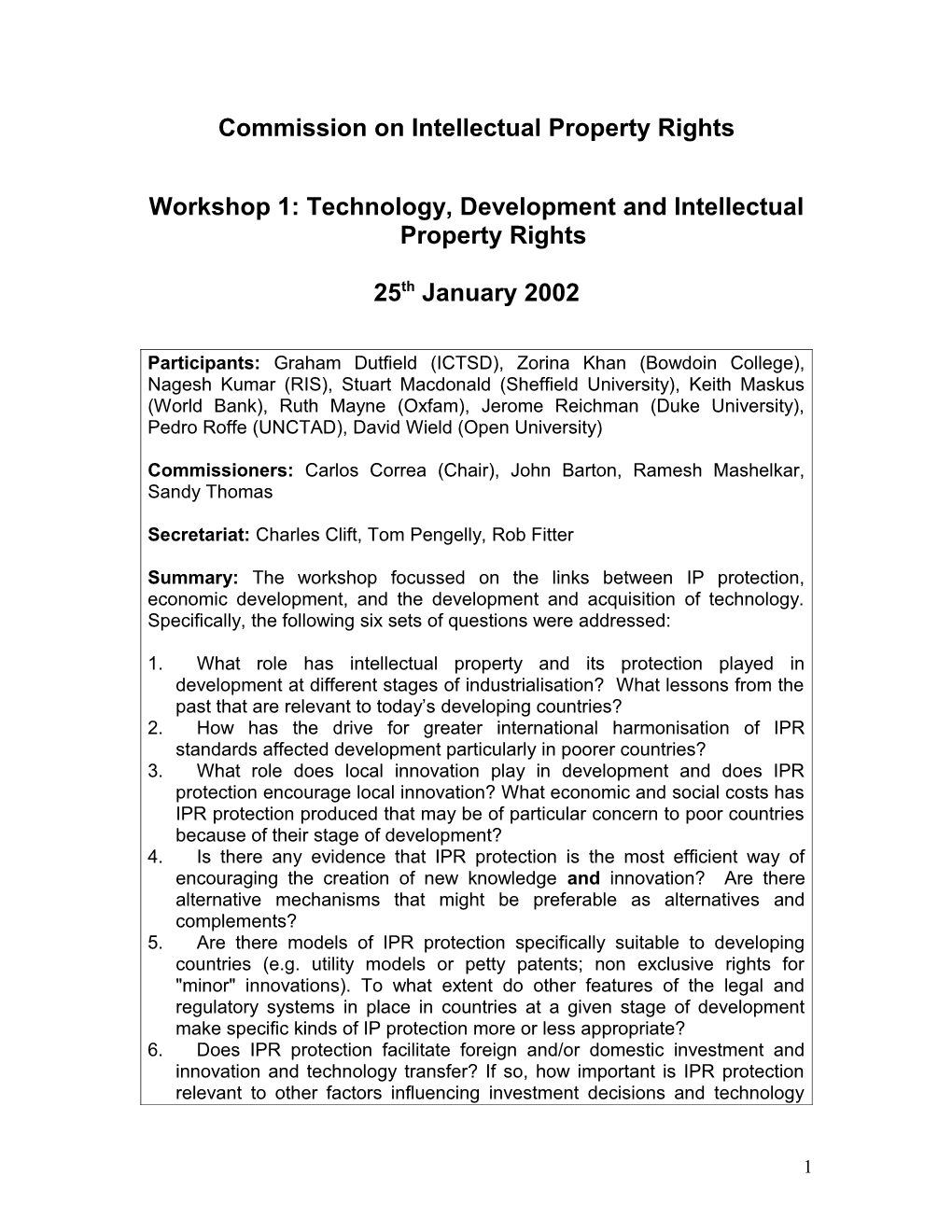 Workshop on Technology, Development and Iprs