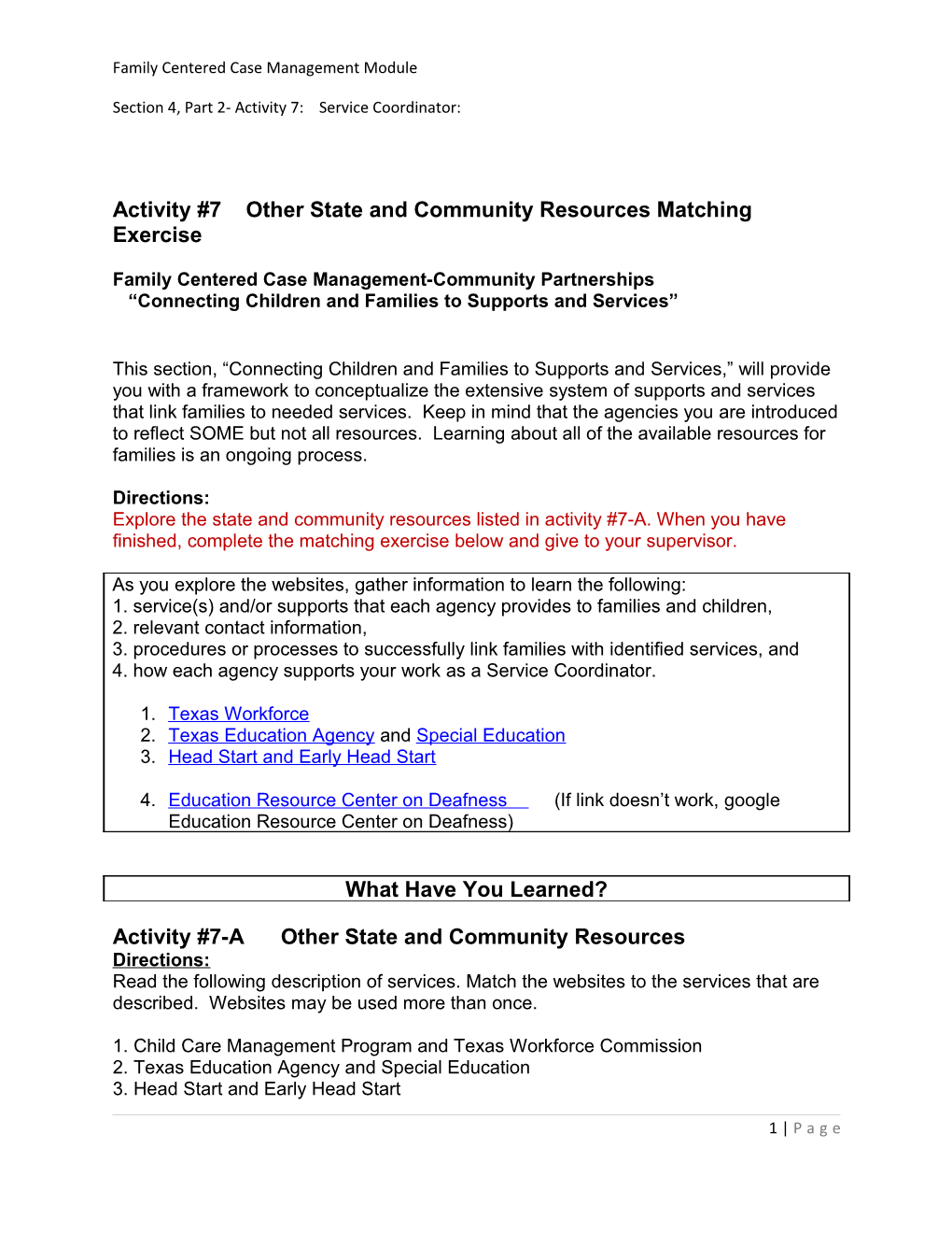 Activity #7 Other State and Community Resources Matching Exercise