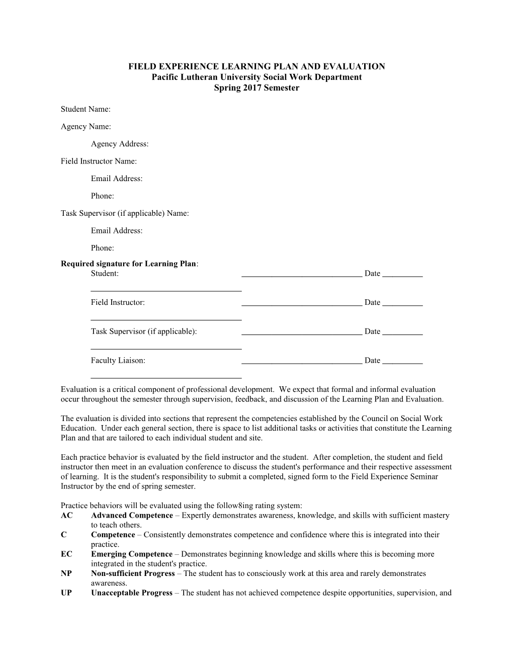 Field Experience Learning Plan and Evaluation