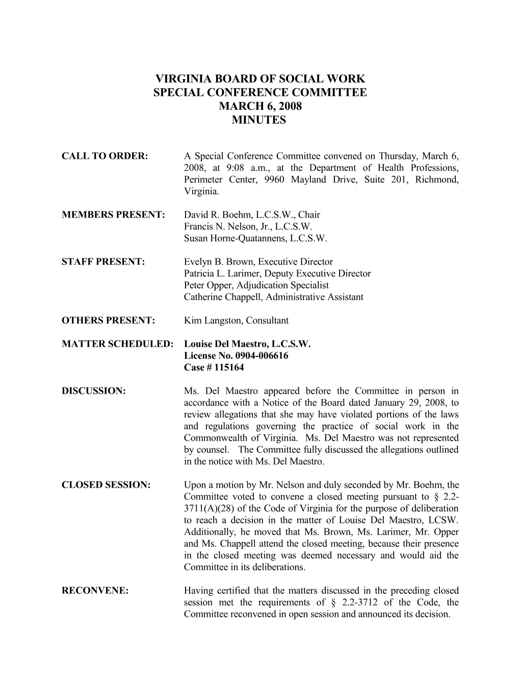 Social Work - Draft Minutes for September 20, 2007 Informal Conferences