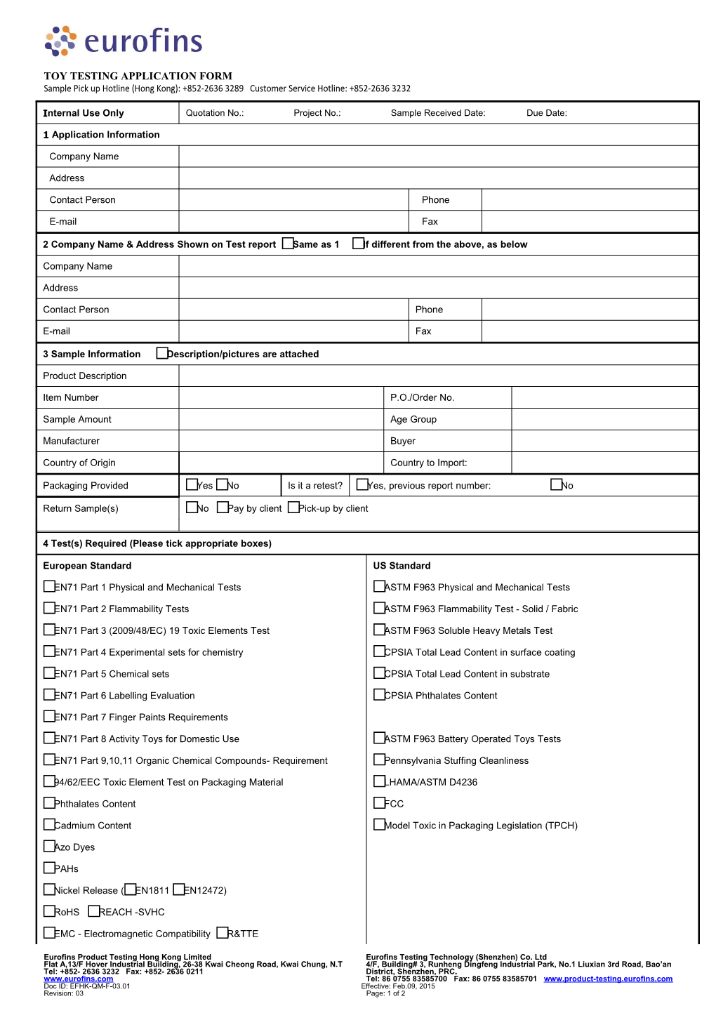 Chemical Analytical Testing Services Request Form