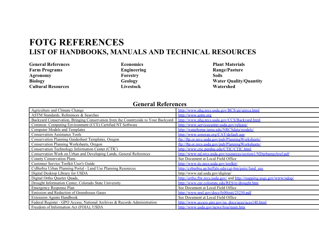 PARTIAL LIST of HANDBOOKS, MANUALS and TECHNICAL REFERENCES for Section 1 of the FOTG