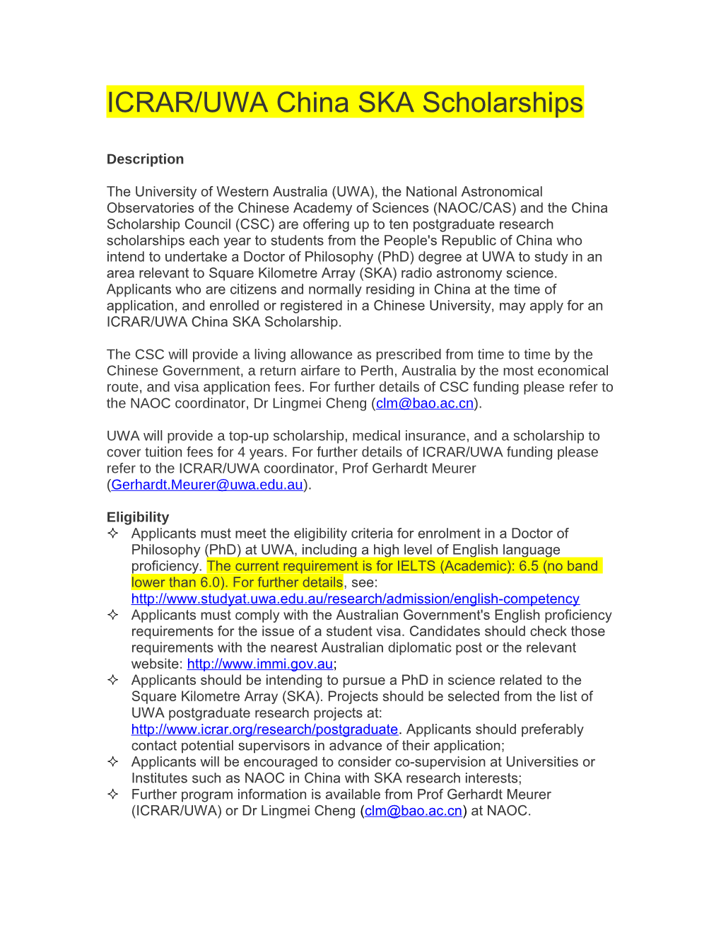 ICRAR/UWA China SKA Scholarships