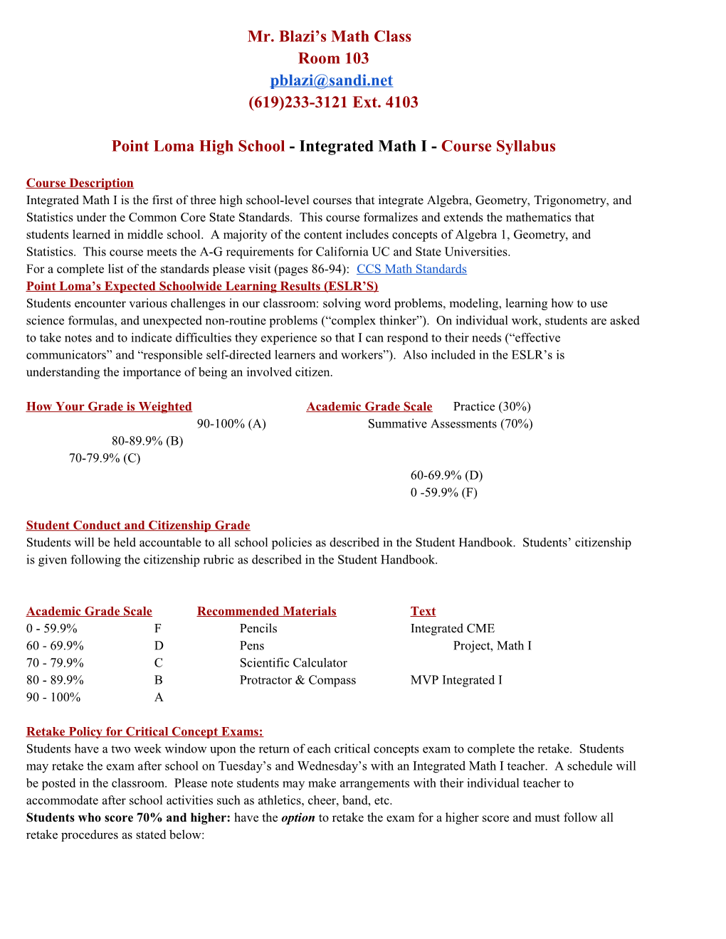 Point Loma High School -Integrated Math I - Course Syllabus