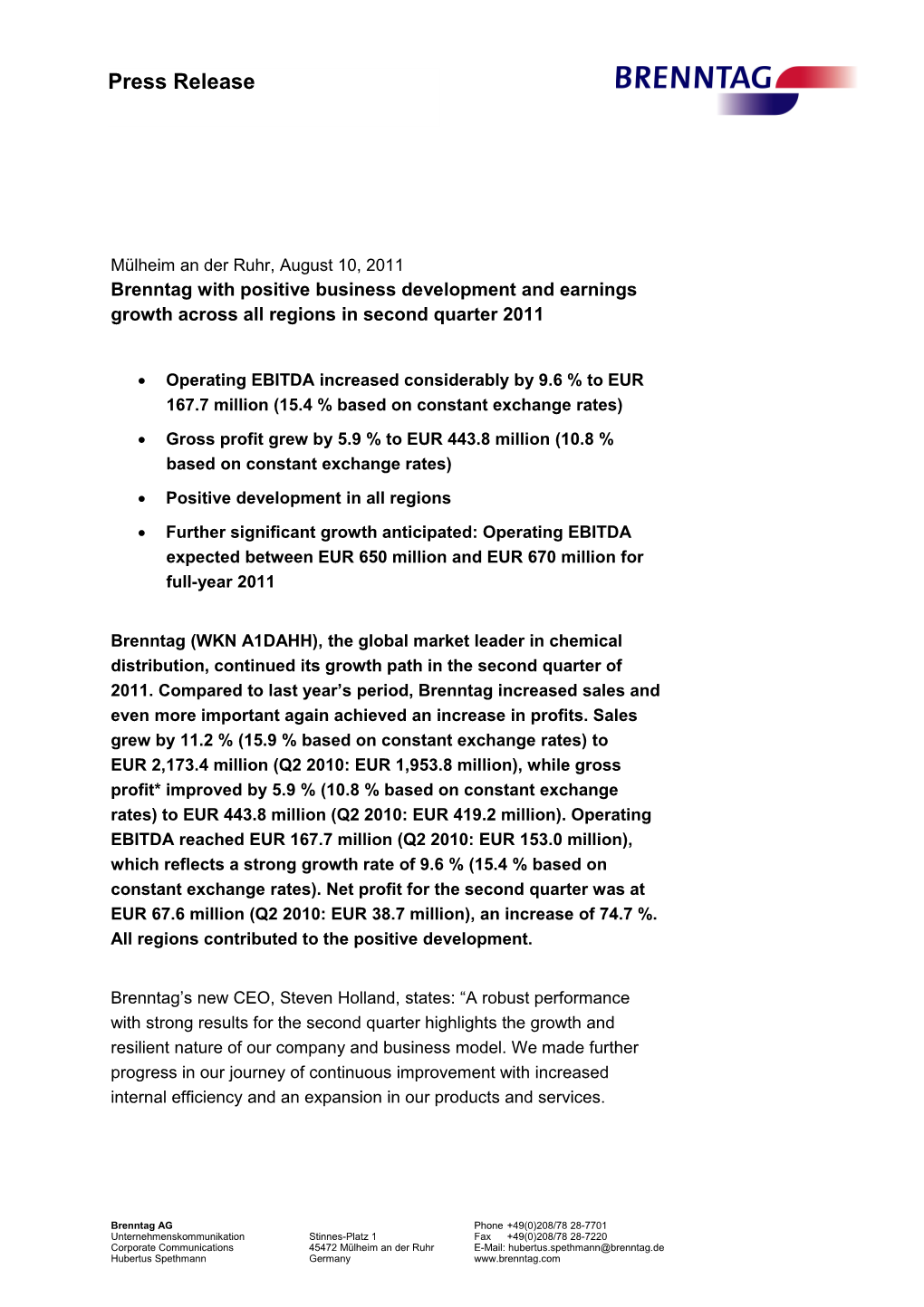 Operating EBITDA Increasedconsiderably by 9.6% to EUR 167.7Million (15.4 % Based on Constant