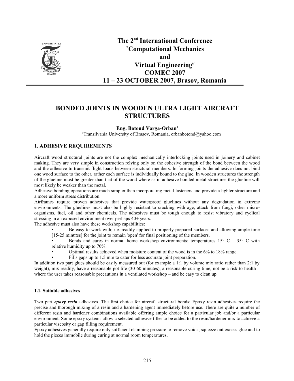 Bonded Joints in Wooden Ultra Light Aircraft Structures