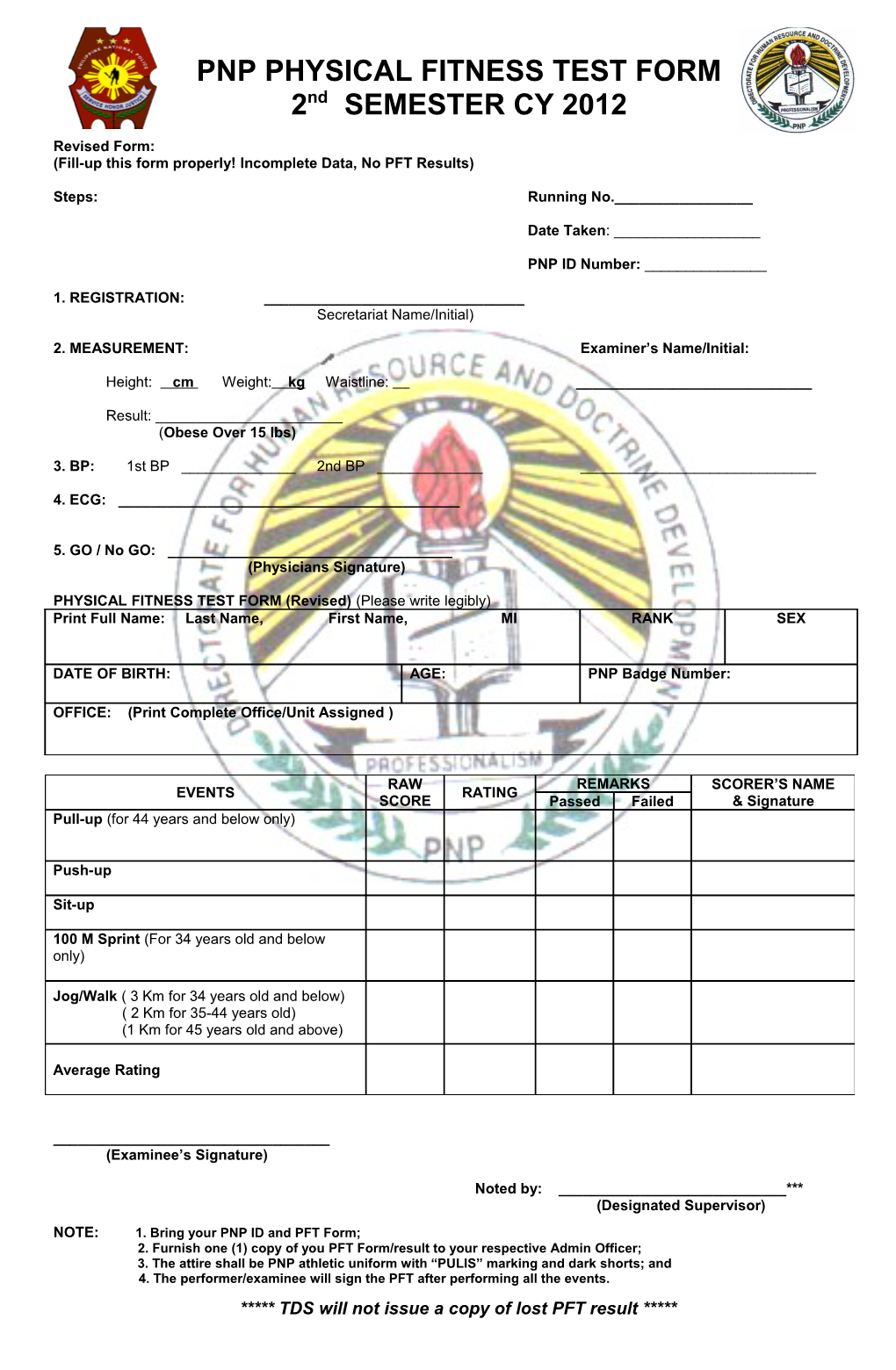 Pnp Physical Fitness Test Form