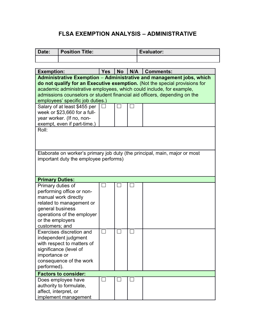 Flsa Exemption Analysis Administrative