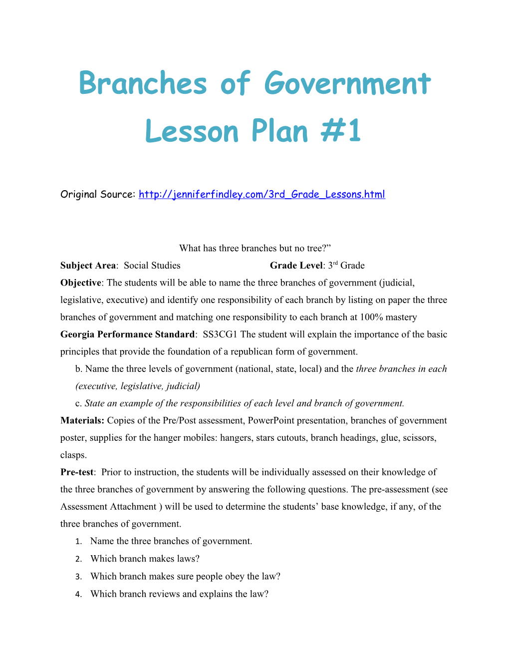 Branches of Governmentlesson Plan #1