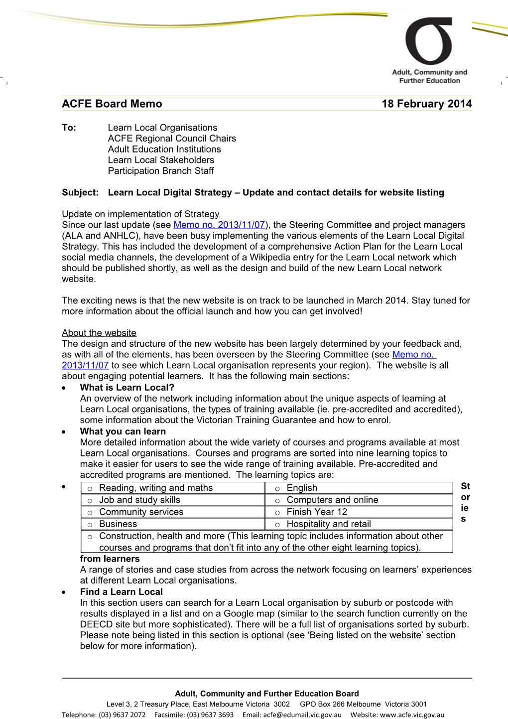 ACFE Board Memo 18 February 2014