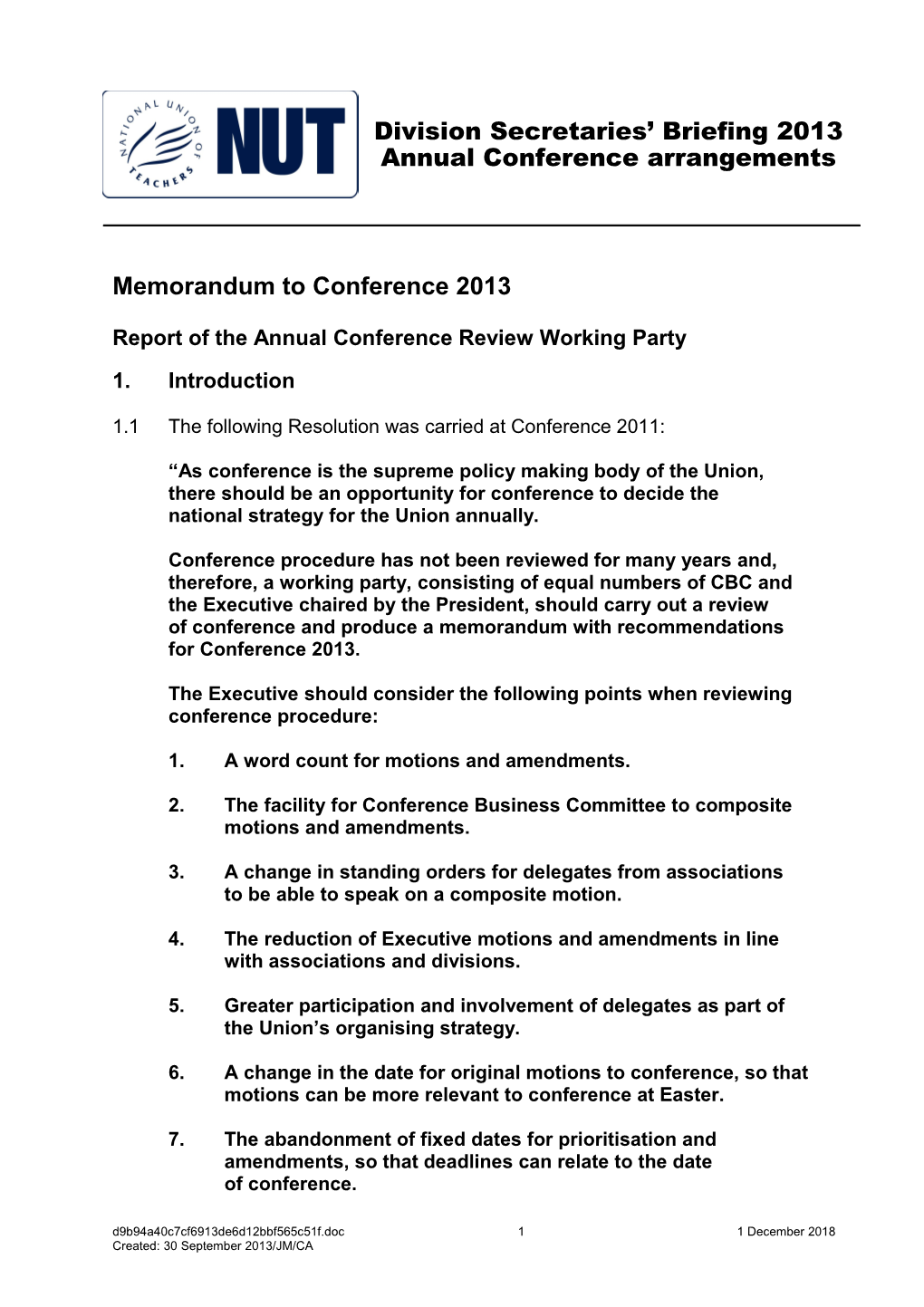 Memorandum to Conference 2013