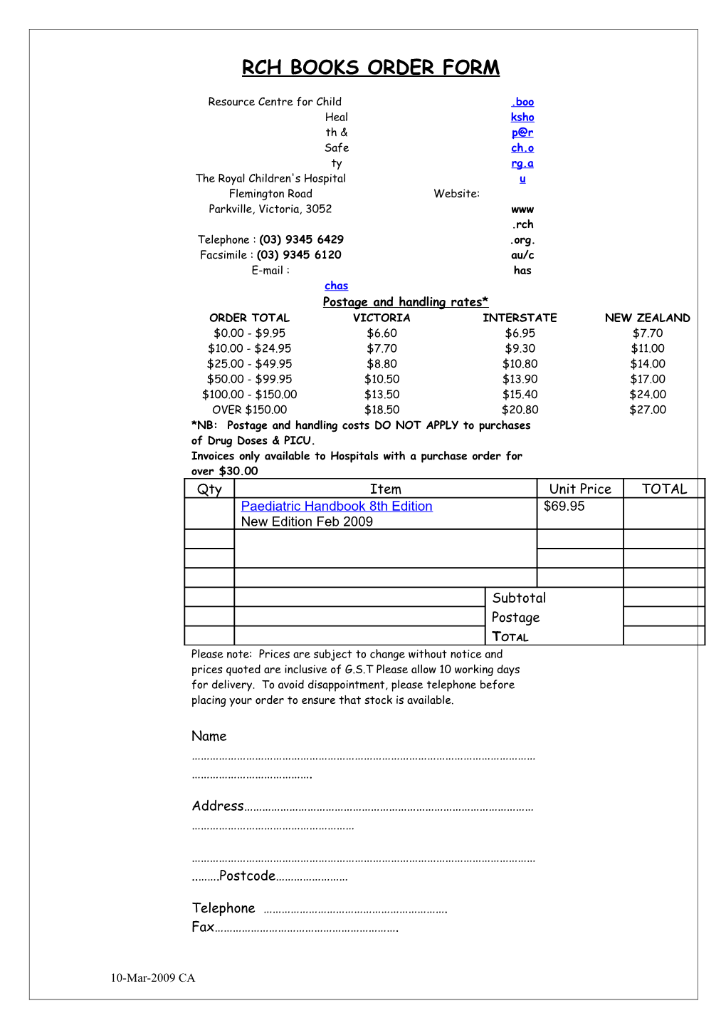 Rch Books Order Form