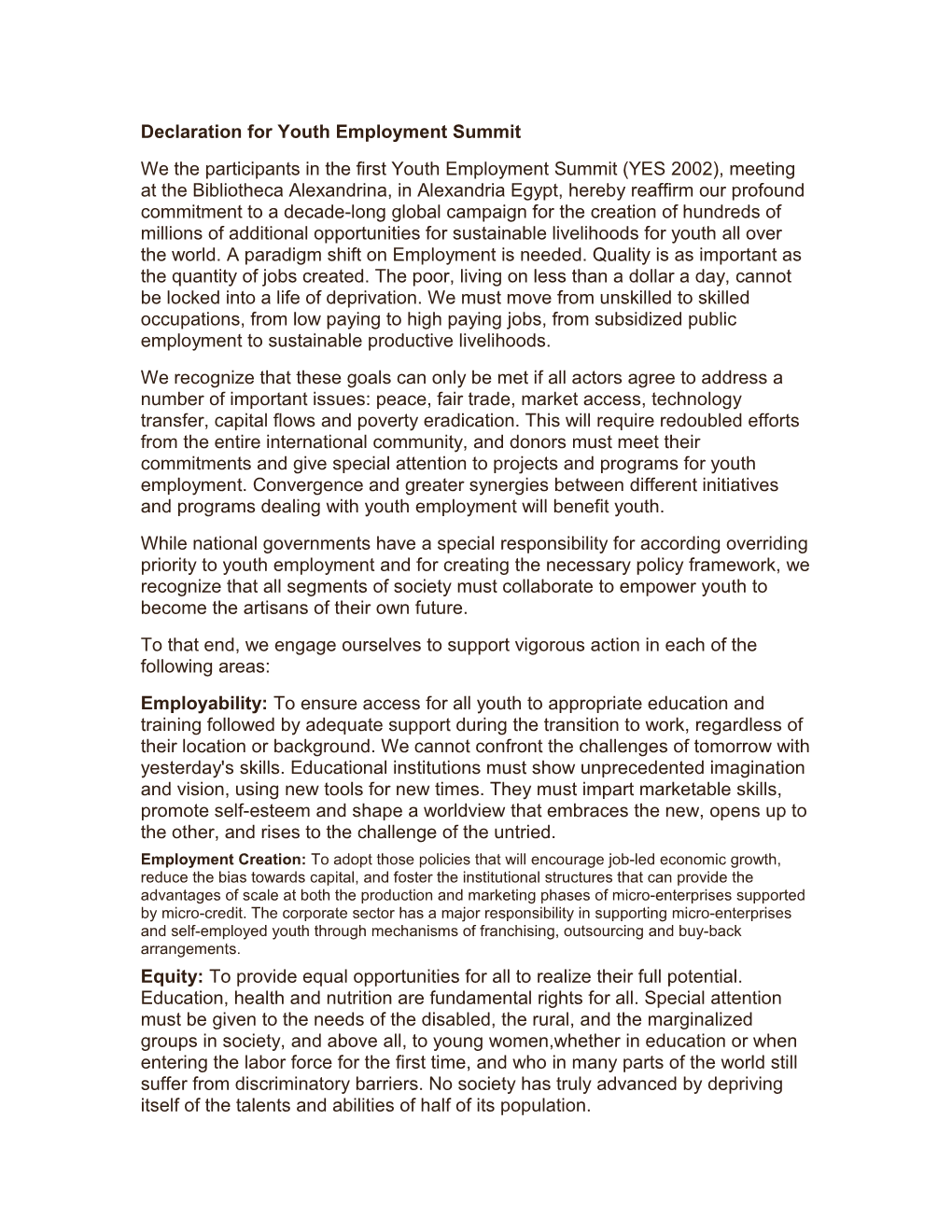 Declaration for Youth Employment Summit