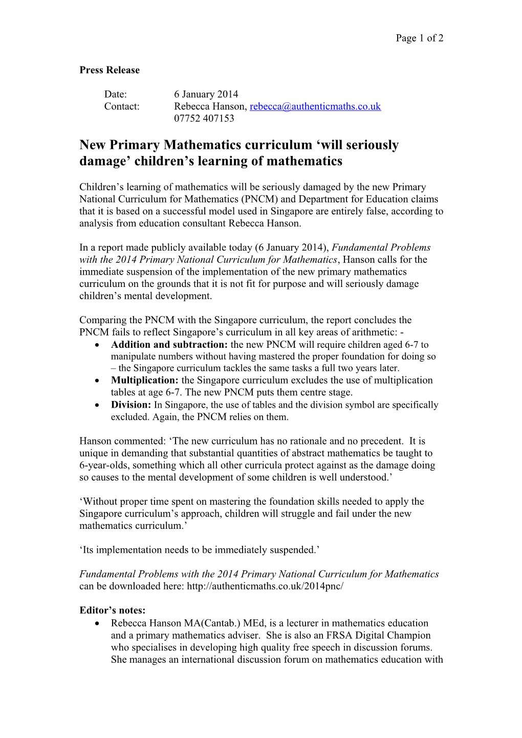 New Primary Mathematics Curriculum Will Seriously Damage Children S Learning of Mathematics