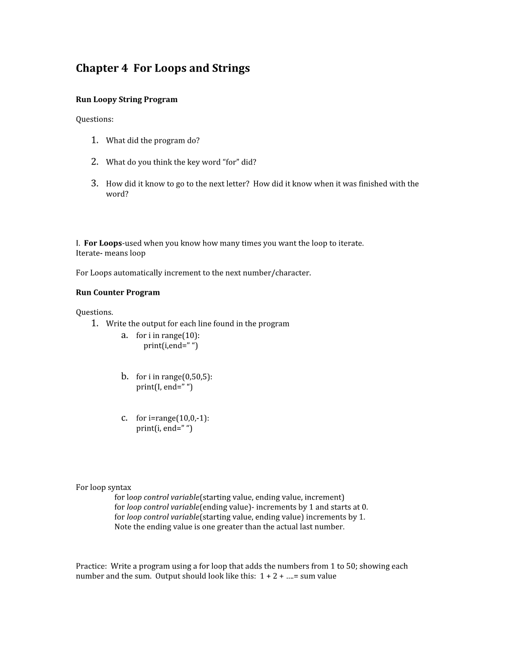 Chapter 4 for Loops and Strings