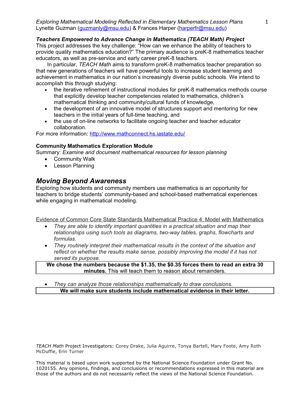 Exploring Mathematical Modeling Reflected in Elementary Mathematics Lesson Plans 1