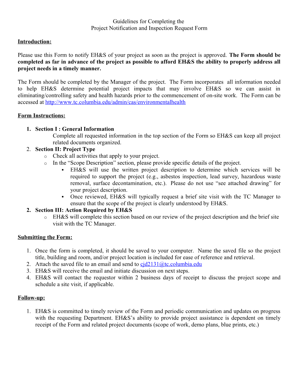 Guidelines for Completing the Project Notification and Inspection Request Form