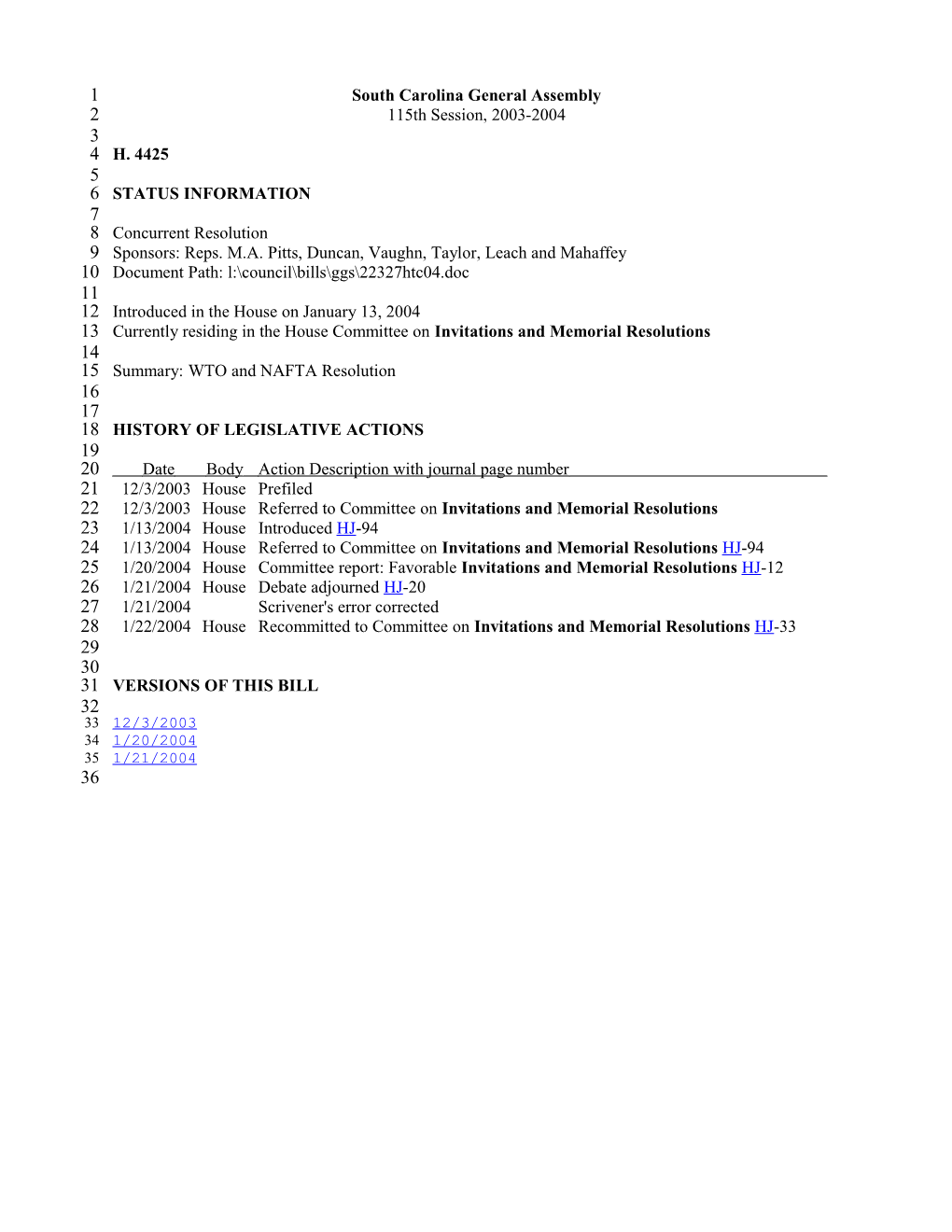 2003-2004 Bill 4425: WTO and NAFTA Resolution - South Carolina Legislature Online