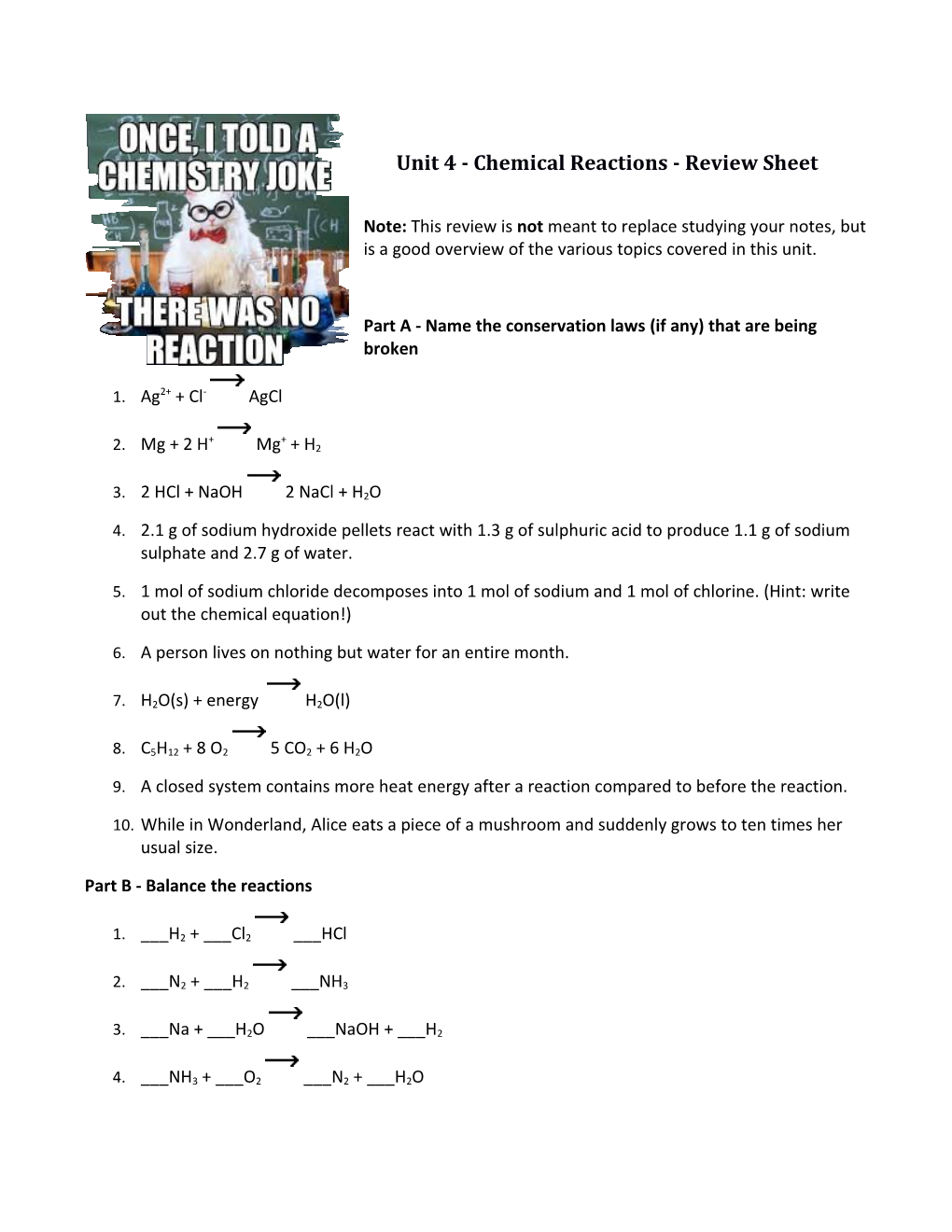 Unit 4 - Chemical Reactions - Review Sheet