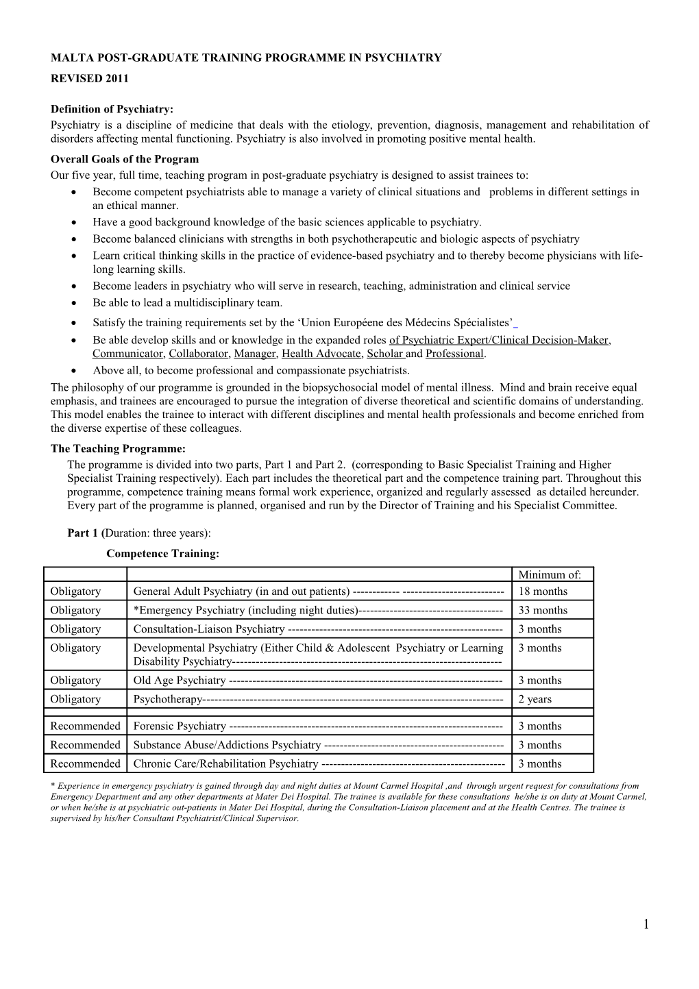 Malta Post-Graduate Training Programme in Psychiatry