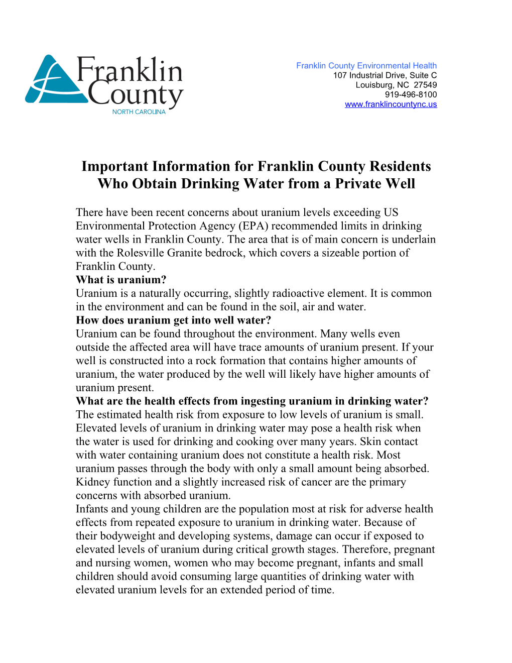 Important Information for Franklin County Residents Who Obtain Drinking Water from a Private
