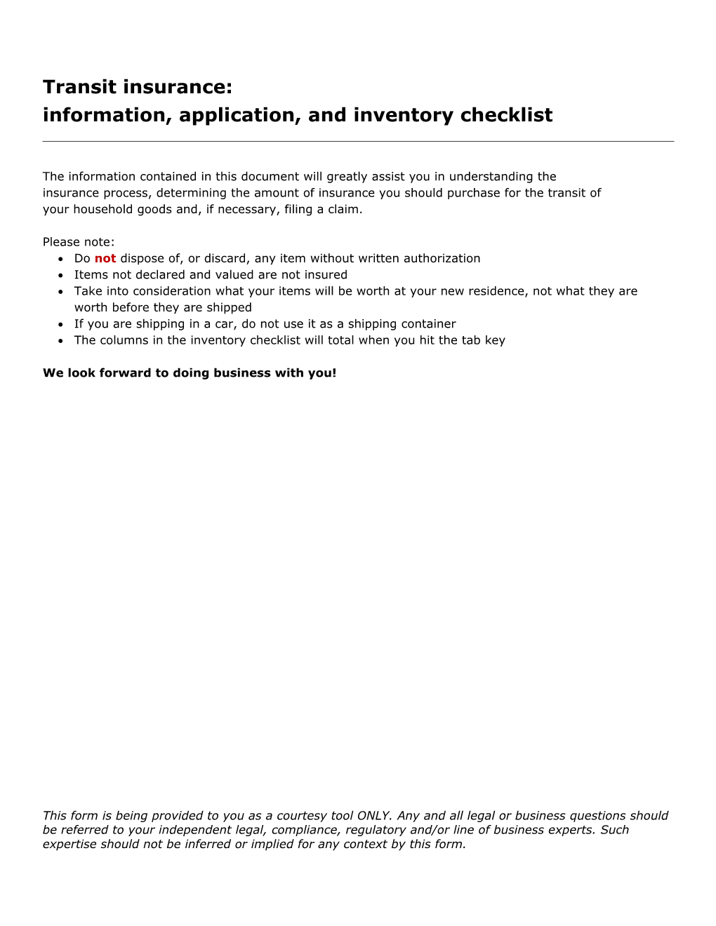 Information, Application, and Inventory Checklist