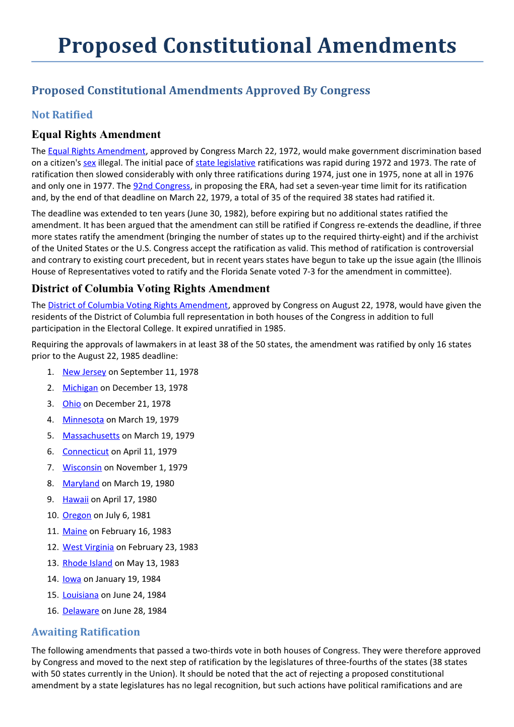 Proposed Constitutional Amendments Approved by Congress