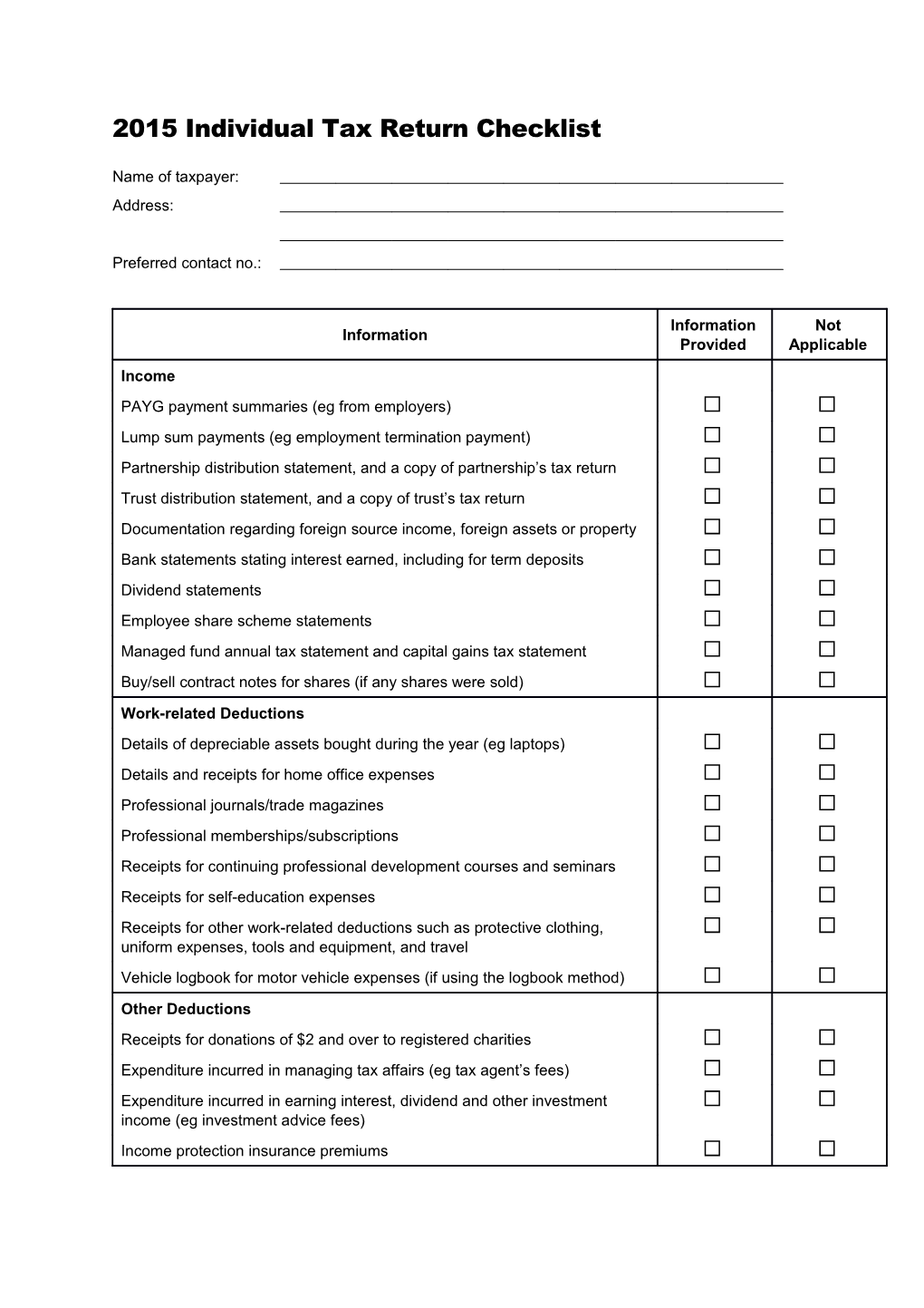 2015 Individual Tax Return Checklist