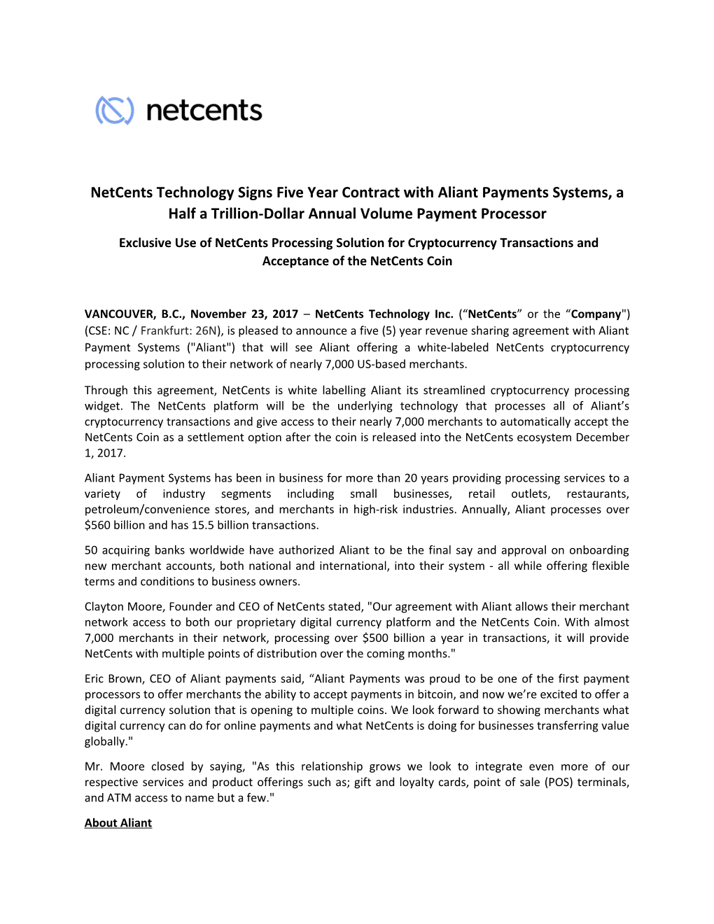 Netcents Technology Signs Five Year Contract with Aliant Payments Systems, a Half A