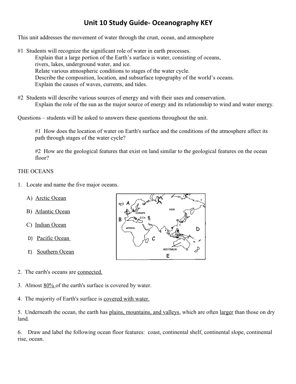 Unit 10 Study Guide- Oceanography KEY