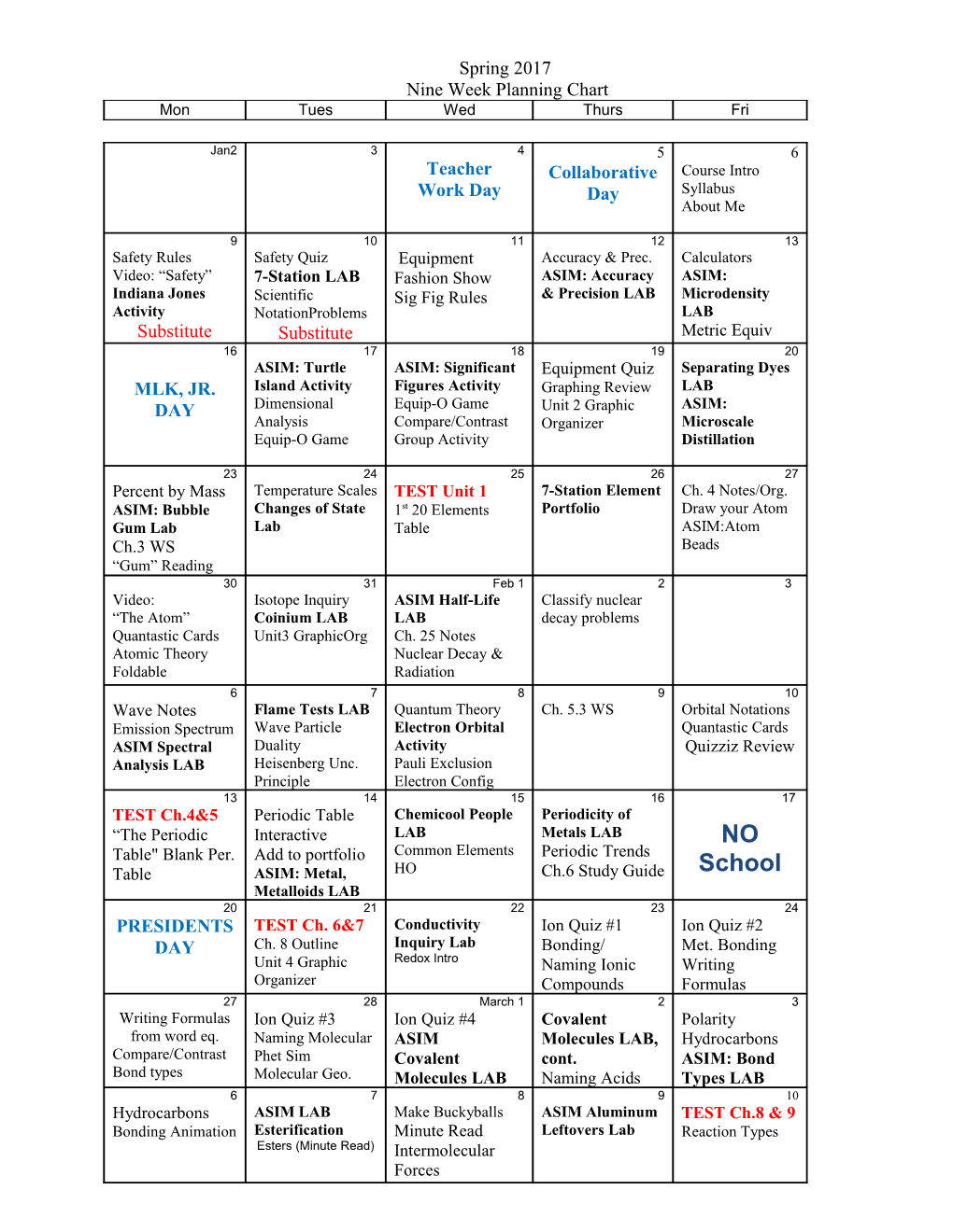 Nine Week Planning Chart