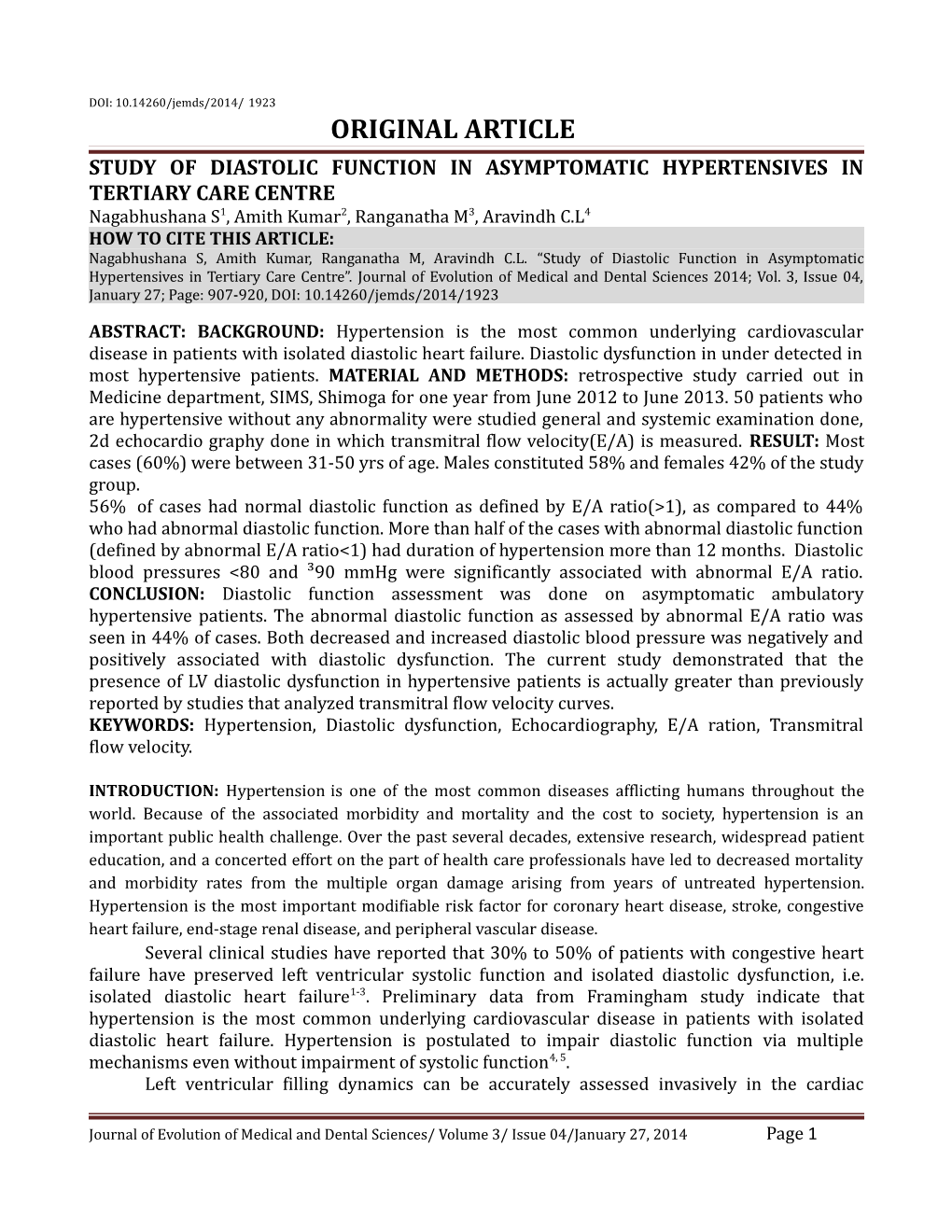 Study of Diastolic Function in Asymptomatic Hypertensives in Tertiary Care Centre