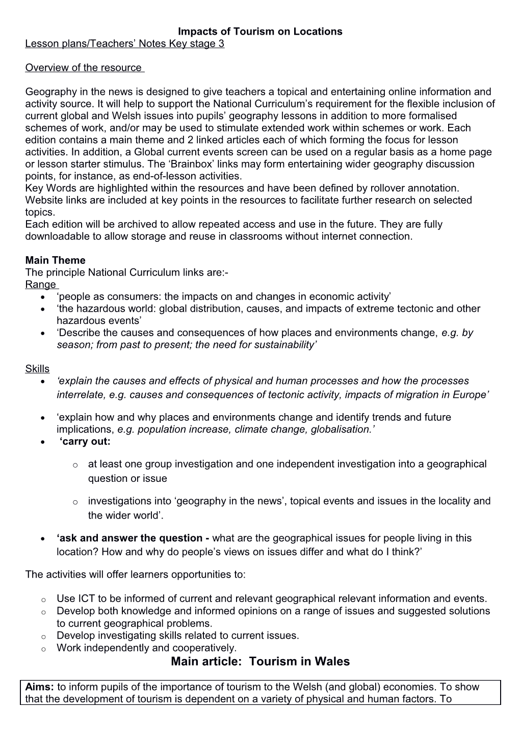 Impacts of Tourism on Locations