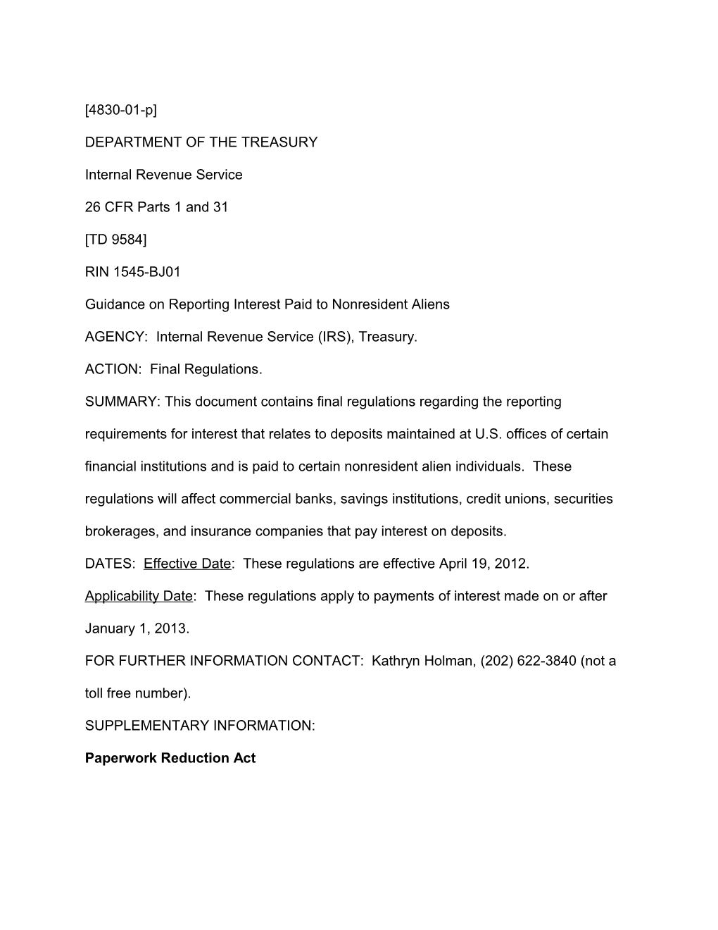 Guidance on Reporting Interest Paid to Nonresident Aliens