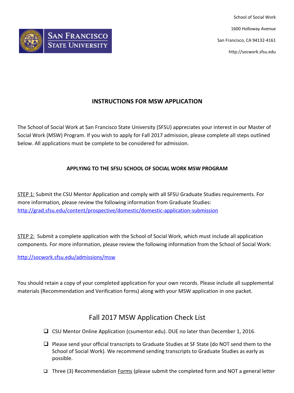 Instructions for Msw Application