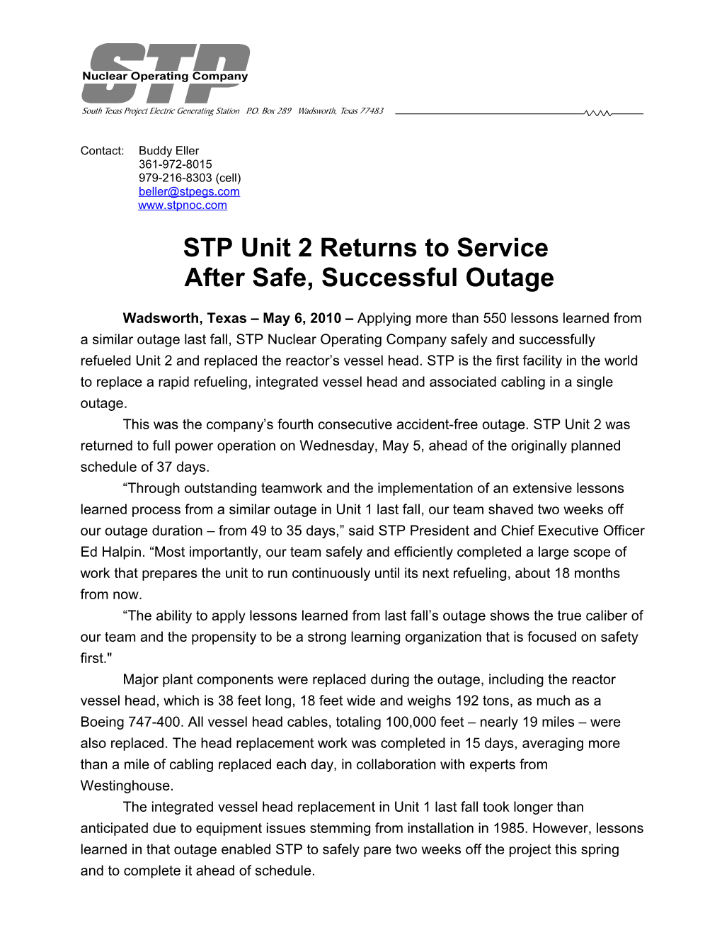 STP Unit 2Returns to Service After Safe, Successful Outage