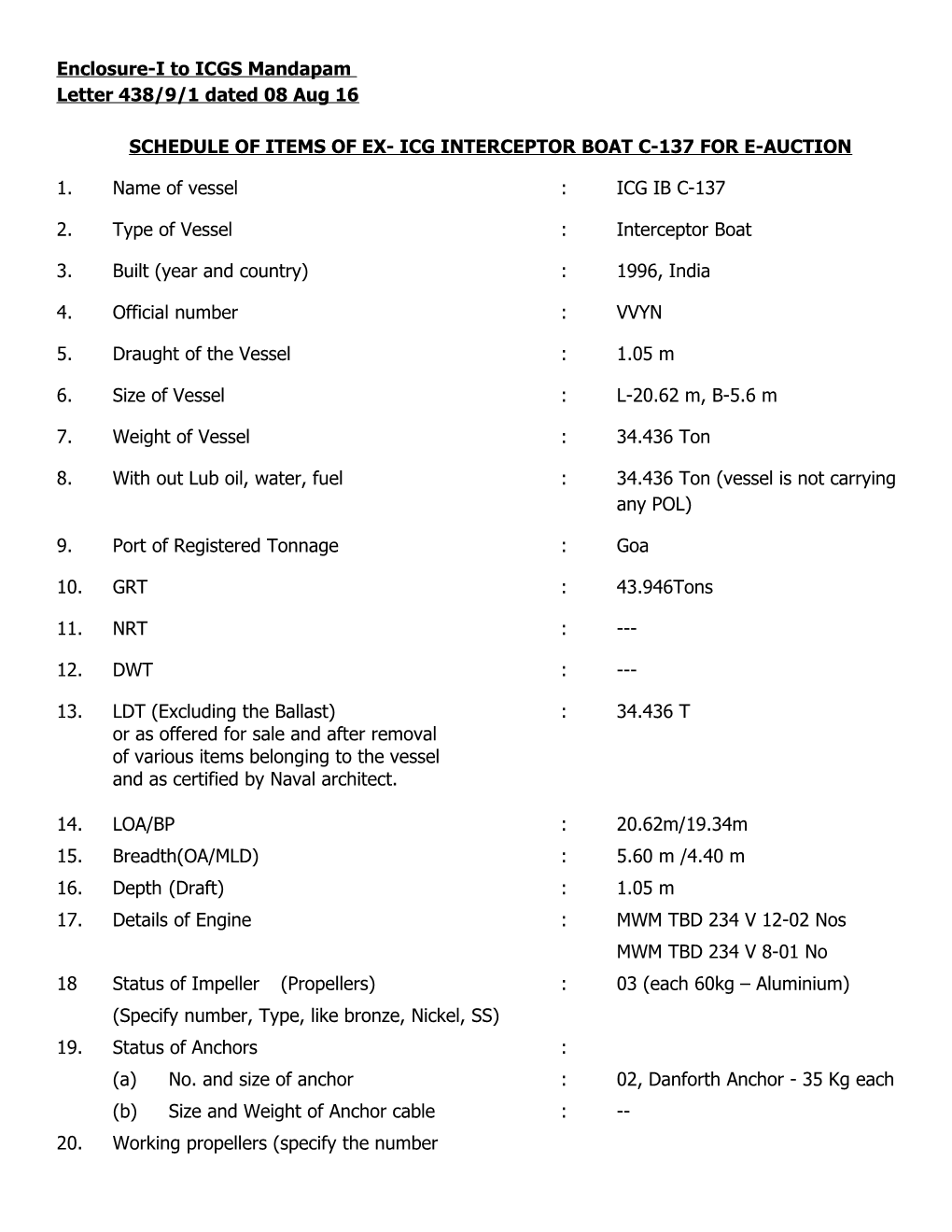 Schedule of Items of Ex- Icg Interceptor Boat C-137 for E-Auction