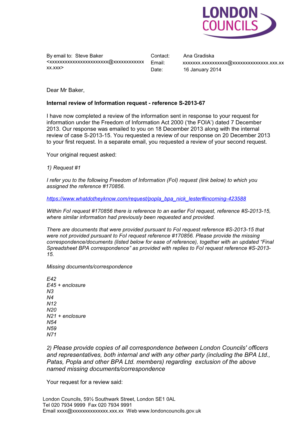 Internal Review of Information Request - Reference S-2013-67