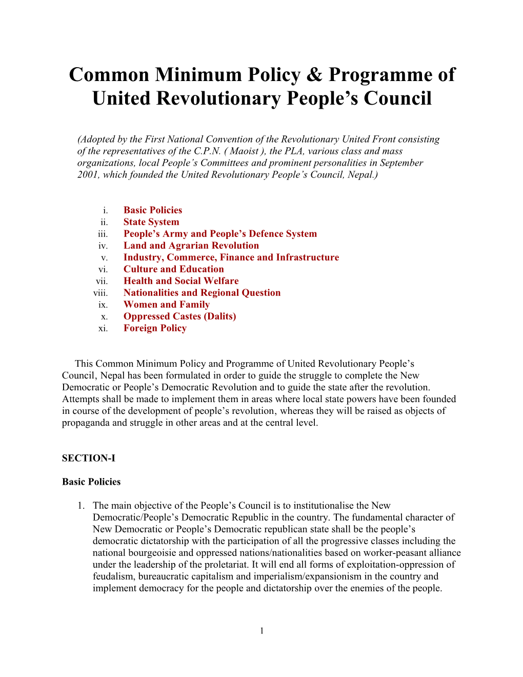 Common Minimum Policy & Programme of United Revolutionary People S Council