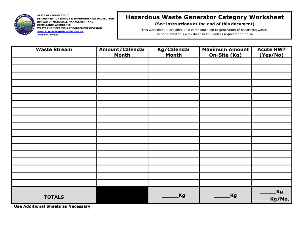 Hazardous Waste Generator Category Worksheet