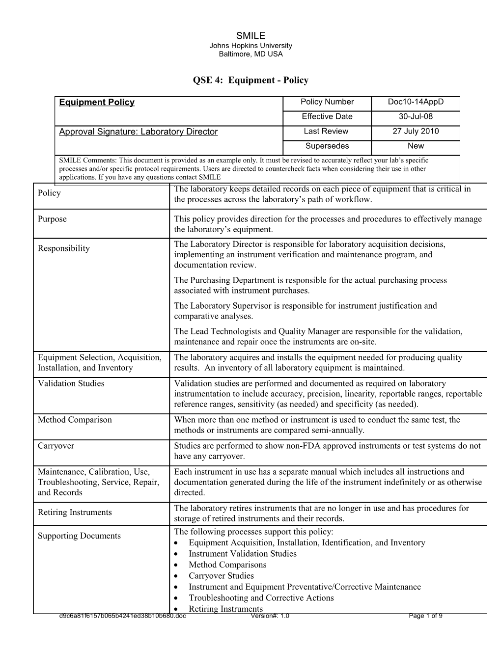 QSE 4: Equipment - Policy