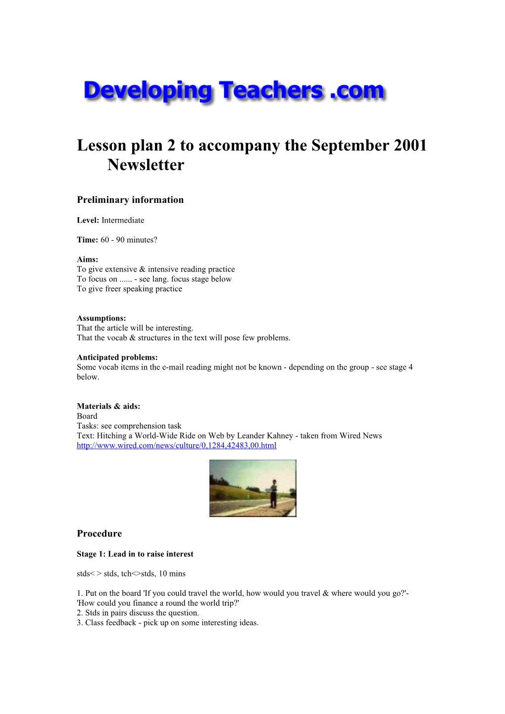 Lesson Plan 2 to Accompany the September 2001 Newsletter