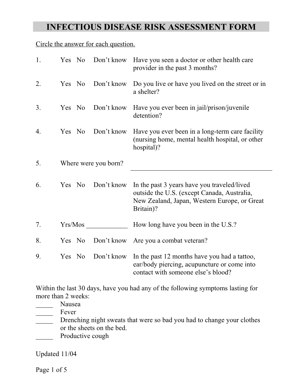 Infectious Disease Risk Assessment Form