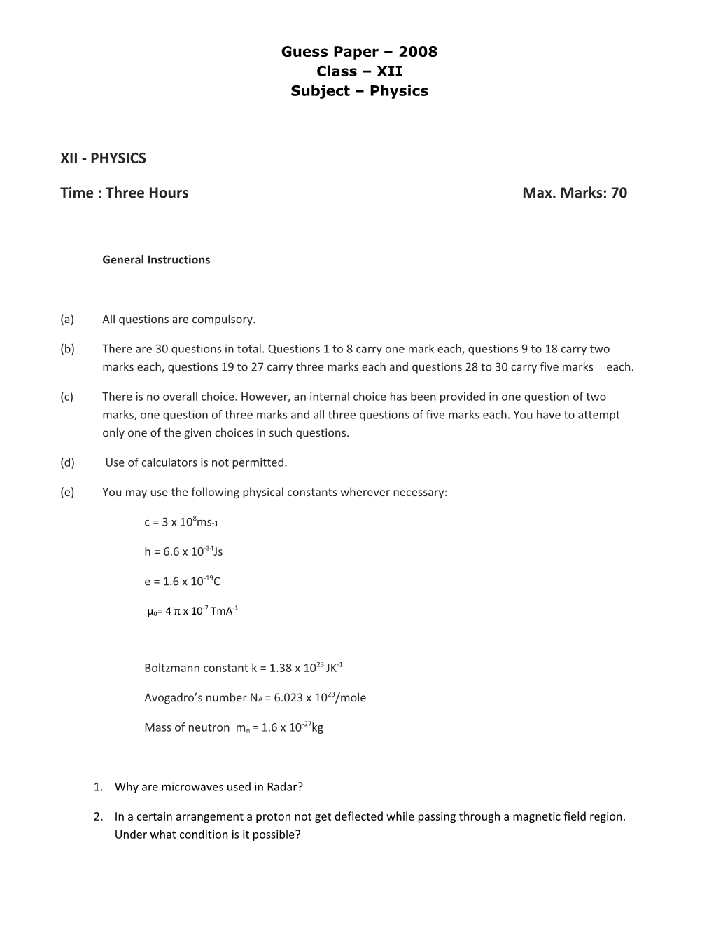 Guess Paper 2008 Class XII Subject Physics