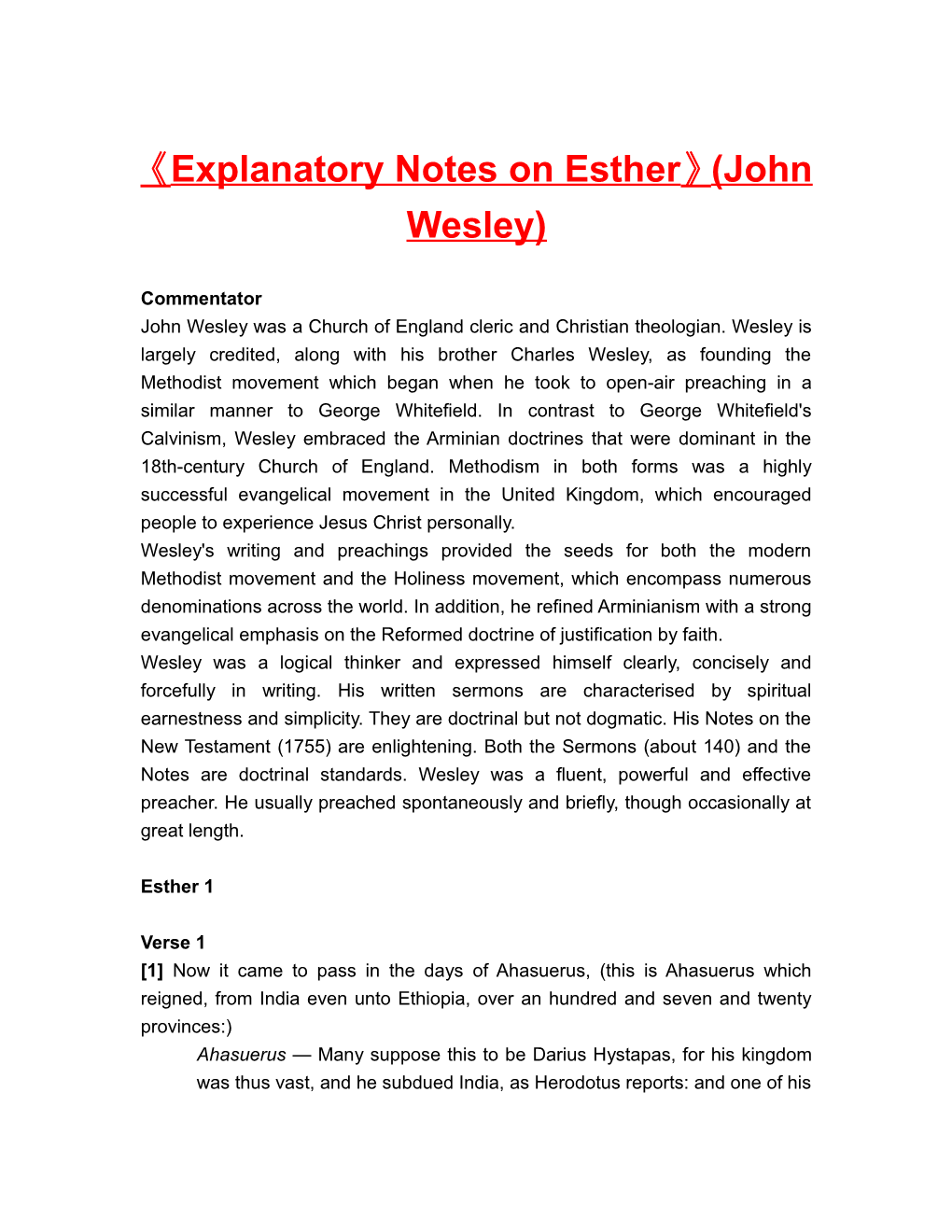 Explanatory Notes on Esther (John Wesley)